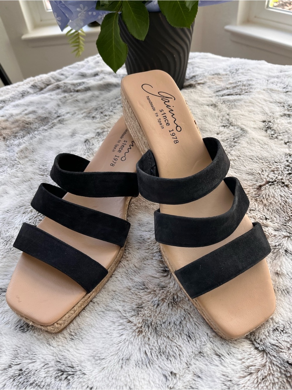 Gianno  Black Suede Hand Made In Spain Triple-Strap Wedge Sandals